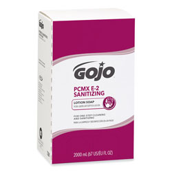 Gojo E2 Sanitizing Lotion Soap with PCMX, Fragrance-Free, 2,000 mL Refill Bag-in-Box, 4/Carton