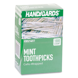 Handgards® Individually Wrapped Round Wood Mint Toothpicks, 4 in, Natural, 1,000/Box, 12 Boxes/Carton