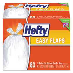 Hefty Easy Flaps Trash Bags, 13 gal, 0.8 mil, 23.75 in x 28 in, White, 80/Box