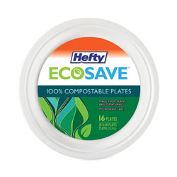 Hefty ECOSAVE Tableware, Plate, Bagasse, 10.13 in dia, White, 16/Pack, 12 Packs/Carton