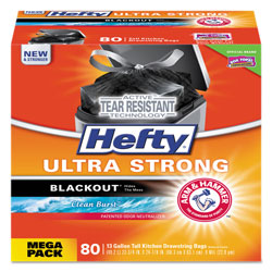 Hefty Ultra Strong BlackOut Tall-Kitchen Drawstring Bags, 13 gal, 0.9 mil, 23.75 in x 24.88 in, Black, 80/Box