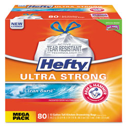Hefty Ultra Strong Scented Tall White Kitchen Bags, 13 gal, 0.9 mil, 24.75 in x 24.88 in, White, 240/Carton