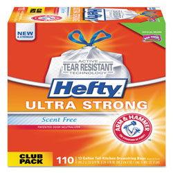 Hefty Ultra Strong Tall Kitchen and Trash Bags, 13 gal, 0.9 mil, 23.75 in x 24.88 in, White, 330/Carton