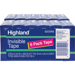 Highland Invisible Tape, 1 in Core, 3/4 inx1000 in, 12 Rolls/BD, Clear