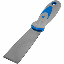 Impact Stiff Putty Knife, 1.50 in Blade, Comfort Grip, Rust Resistant, Solvent Proof, Hanging Hole, Blue, Gray