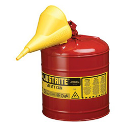 Justrite Type I Steel Safety Can, Flammables, 5 gal, Red, with Funnel