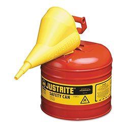Justrite Type I Steel Safety Can, Flammables, 2 gal, Red, with Funnel