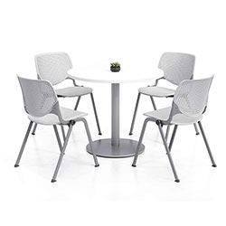 KFI Seating Pedestal Table with Four Light Gray Kool Series Chairs, Round, 36 in Dia x 29h, Designer White