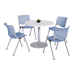 KFI Seating Pedestal Table with Four Periwinkle Kool Series Chairs, Round, 36 in Dia x 29h, Designer White