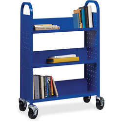 Lorell Book Cart, Single-sided, 3 Slant Shelves, 32 in x 14 in x 46 in, Blue