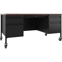 Lorell Desk, Double-Pedestal, Mobile, 60 inx30 inx29-1/2 in, Walnut/Black