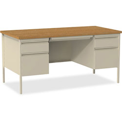 Lorell Double Pedestal Desk, 60 in x 30 in x 29-1/2 in, Putty Oak