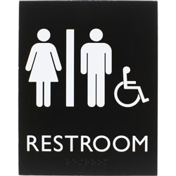 Lorell Restroom Sign, 1 Each, 6.4 in x 8.5 in Height, Rectangular Shape, Easy Readability, Braille, Plastic, Black