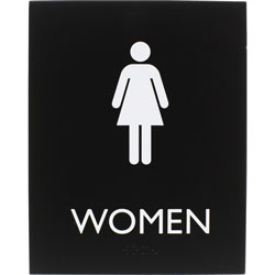 Lorell Restroom Sign, 1 Each, Women Print/Message, 6.4 in x 8.5 in Height, Rectangular Shape, Easy Readability, Braille, Plastic, Black