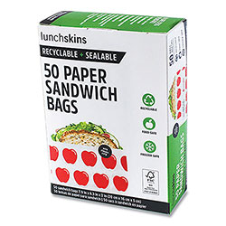 lunchskins Peel and Seal Sandwich Bag with Closure Strip, 6.3 x 2 x 7.9, White with Red Apple, 50/Box