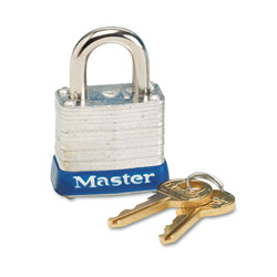 Master Lock Company Four-Pin Tumbler Lock, Laminated Steel Body, 1 1/8 in Wide, Silver/Blue, Two Keys