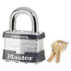 Master Lock Company No. 5 Laminated Steel Padlock, 3/8 in dia x 15/16 in W x 1 in H Shackle, Silver/Gray, Keyed Alike, Keyed A383