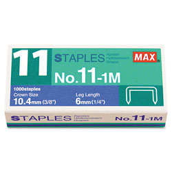Max USA No. 11 Mini Staples, 0.25 in Leg, 0.38 in Crown, Steel, 1,000/Box