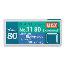 Max USA Vaimo 11 Staples, 0.38 in Leg, 0.5 in Crown, Steel, 1,000/Box