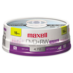 Maxell DVD+RW Discs, 4.7GB, 4x, Spindle, Silver, 15/Pack
