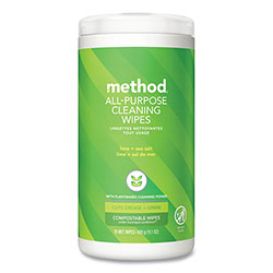 Method Products All Purpose Cleaning Wipes, 1 Ply, Lime and Sea Salt, White, 70/Canister, 6/Carton