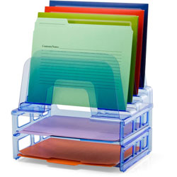 Officemate Blue Glacier™ Large Incline Sorter w/ 2 Letter Trays, 14.3 in x 13.4 in x 9 in,Transparent Blue