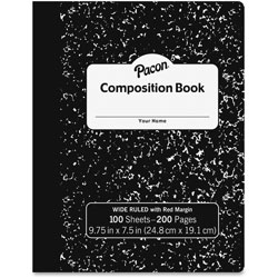 Pacon Compostion Book, 9-3/4 in x 7-1/2 in, 3/8 in Rld, 100 Sheets, BK/Marble