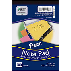 Pacon Note Pad - 4 in x 6 in - Rectangle - 100 Sheets per Pad - Unruled - Assorted - Recyclable, Compact