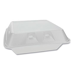 Pactiv SmartLock Vented Foam Hinged Lid Containers, , 9 x 9.25 x 3.25, 3-Compartment, White, 150/Carton