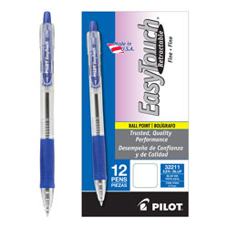 Pilot EasyTouch Retractable Ballpoint Pen, Fine 0.7mm, Blue Ink, Clear Barrel, Dozen (PIL32211)