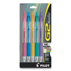 Pilot G2 Metallics Gel Pen, Retractable, Fine 0.7 mm, Assorted Ink and Barrel Colors, 5/Pack