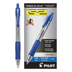Pilot G2 Premium Retractable Gel Pen, 0.38mm, Blue Ink, Clear/Blue Barrel, Dozen