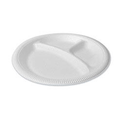 Plastifar Foam Dinnerware, Plate, 3-Compartment, 9 in dia, Poly Bag, White, 125/Sleeve, 4 Sleeves/Bag, 1 Bag/Pack