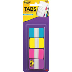 Post-it® 1 in Wide Tabs with Dispenser, Aqua, Pink, Violet, Yellow, 88/Pack
