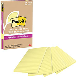 Post-it® 100% Recycled Paper Super Sticky Notes, Ruled, 4 in x 6 in, Canary Yellow, 45 Sheets/Pad, 4 Pads/Pack