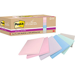 Post-it® 100% Recycled Paper Super Sticky Notes, 3 in x 3 in, Wanderlust Pastels, 70 Sheets/Pad, 12 Pads/Pack