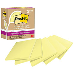 Post-it® 100% Recycled Paper Super Sticky Notes, 3 in x 3 in, Canary Yellow, 70 Sheets/Pad, 5 Pads/Pack