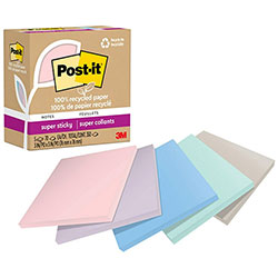 Post-it® 100% Recycled Paper Super Sticky Notes, 3 in x 3 in, Wanderlust Pastels, 70 Sheets/Pad, 5 Pads/Pack