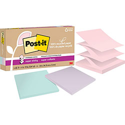 Post-it® 100% Recycled Paper Super Sticky Notes, 3 in x 3 in, Wanderlust Pastels, 70 Sheets/Pad, 6 Pads/Pack