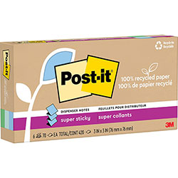 Post-it® 100% Recycled Paper Super Sticky Notes, 3 in x 3 in, Oasis, 70 Sheets/Pad, 6 Pads/Pack
