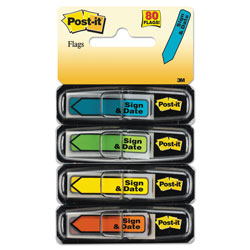 Post-it® Arrow Message 1/2 in Page Flags, Sign and Date, 4 Primary Colors, 20/Dispenser, 4 Dispensers/Pack