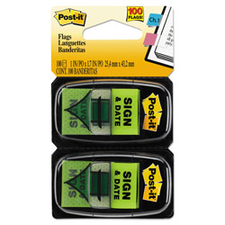 Post-it® Arrow Message 1 in Page Flags,  inSign and Date in, Green, 2 50-Flag Dispensers/Pack