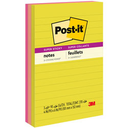 Post-it® Note Pads in Summer Joy Collection Colors, 4 in x 6 in, Note Ruled, Summer Joy Collection Colors, 90 Sheets/Pad, 3 Pads/Pack