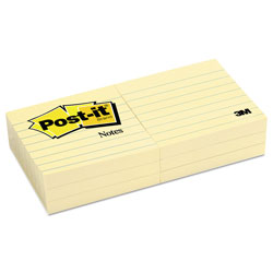 Post-it® Original Pads in Canary Yellow, Note Ruled, 3 in x 3 in, 100 Sheets/Pad, 6 Pads/Pack