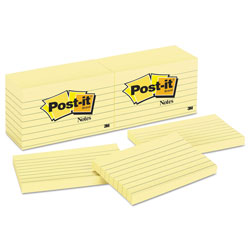 Post-it® Original Pads in Canary Yellow, Note Ruled, 3 in x 5 in, 100 Sheets/Pad, 12 Pads/Pack