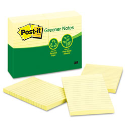 Post-it® Original Recycled Note Pads, Note Ruled, 4 in x 6 in, Canary Yellow, 100 Sheets/Pad, 12 Pads/Pack