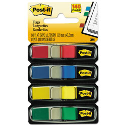 Post-it® Small Page Flags in Dispensers, 0.5 in x 1.75 in, Assorted Primary, 35/Color, 4 Dispensers/Pack