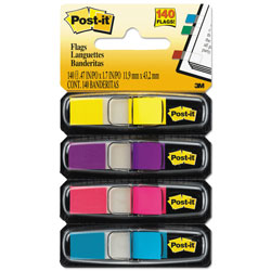 Post-it® Small Page Flags in Dispensers, 0.5" x 1.75", Four Colors, 35/Color, 4 Dispensers/Pack (MMM6834AB)