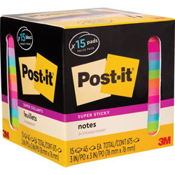 Post-it® Super Sticky Notes Pad - 15 - 3 in x 3 in - Square - 45 Sheets per Pad - Assorted Bright - Adhesive, Recyclable - 15 / Pad