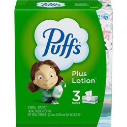 Puffs Plus Lotion Facial Tissue - 2 Ply8.40 in - White - Soft - For Nose, Skin - 124 Per Box - 3 / Pack